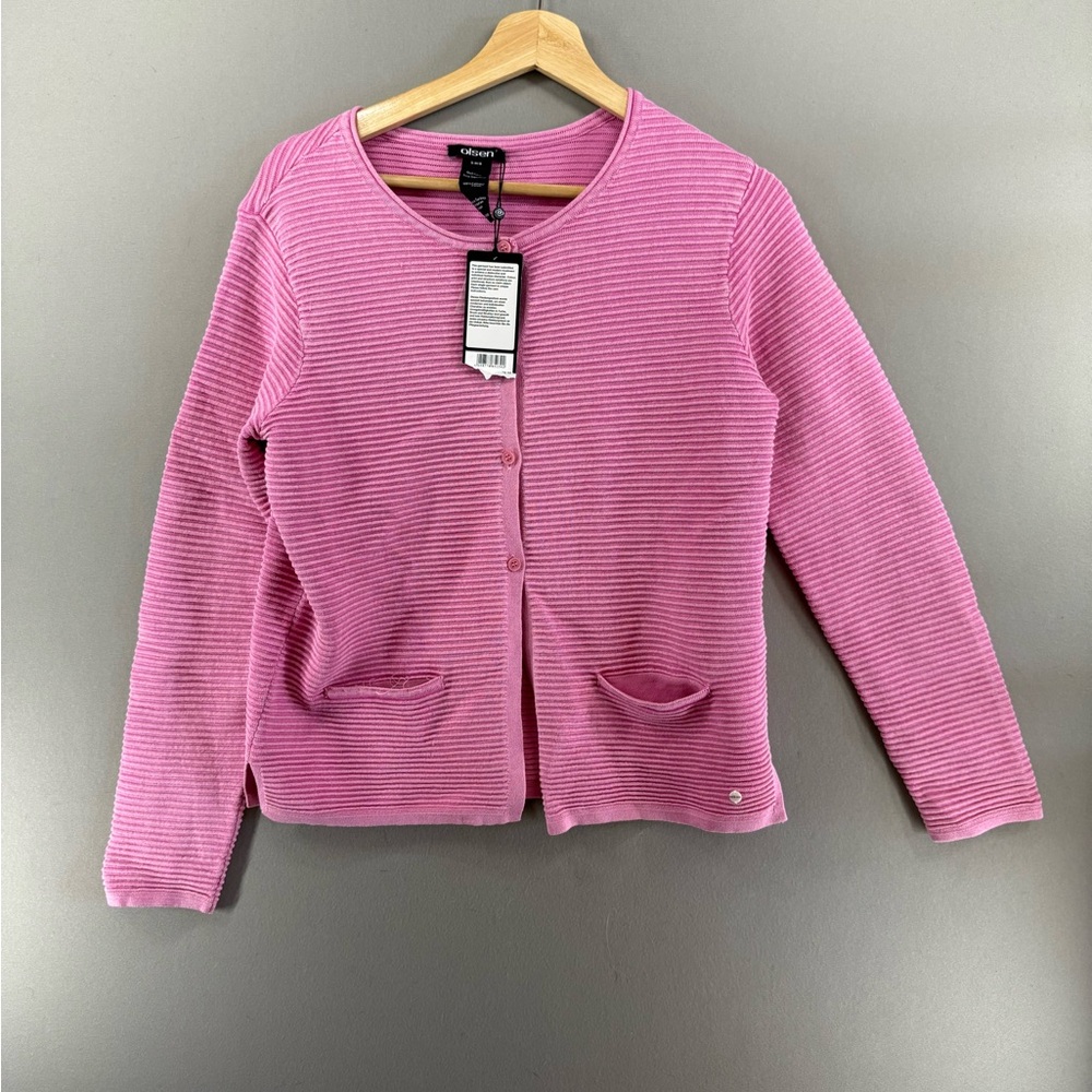 New Olsen Women Ribbed Cardigan Cotton Regular Fit Size S/M 8 Pink Sweater